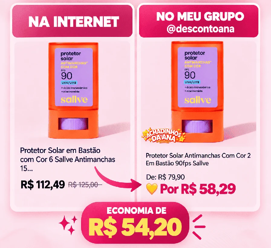 Comparativo de preços do protetor solar em bastão Sallve: R$ 112,49 na internet e R$ 58,29 no grupo, economia de R$ 54,20